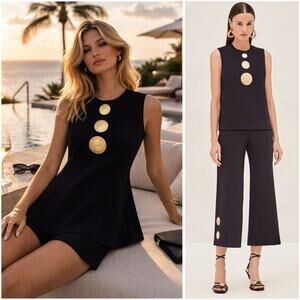 Alexis Amell Black Sleeveless Top Gold Disc Detail XS Designer